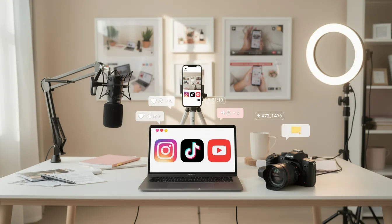 The image showcases a diverse group of skilled UGC creators engaging with various social media platforms like Instagram and TikTok, highlighting their tools and equipment for content creation. They are focused on producing high-quality, authentic content that resonates with their audience and attracts brand partnerships.