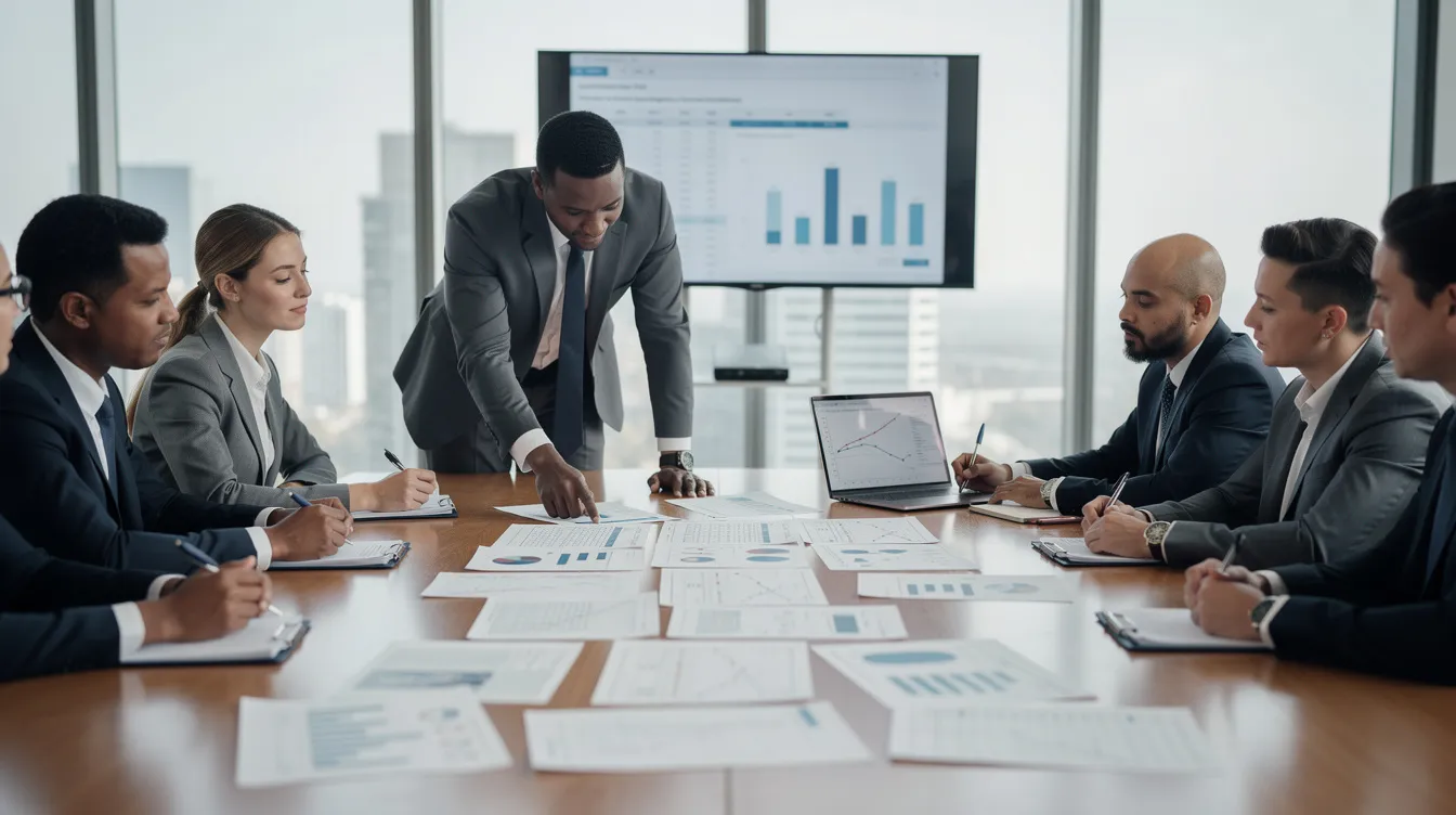 A group of business professionals is gathered in a meeting room, reviewing financial documents and detailed project reports related to an ice cream manufacturing unit. They are discussing key aspects such as raw material costs, equipment leasing, and potential bank loans to support their proposed project in the ice cream market.
