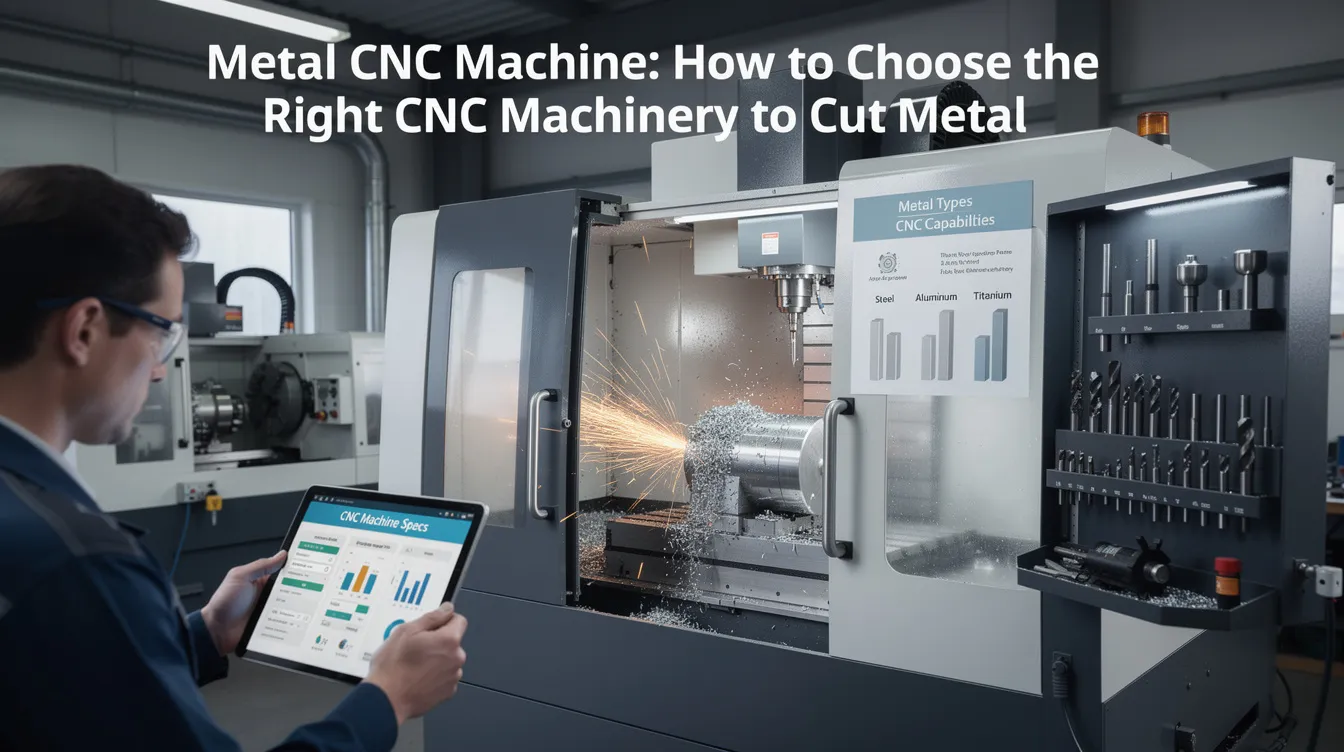 The image showcases a variety of CNC machines designed for metal cutting, including both desktop CNC models and larger industrial machines. Highlighted features include the machine's control system, automatic tool changers, and high precision capabilities, essential for machining metal with tight tolerances and producing prototypes.