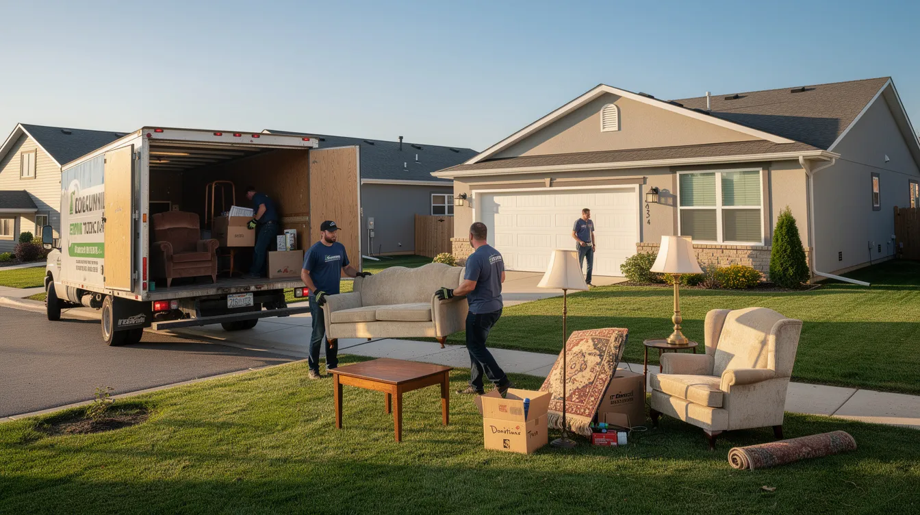 A professional crew is efficiently loading old furniture and other unwanted items into a junk removal truck outside a suburban home, providing a stress-free solution for homeowners looking to rid their property of excess junk. This locally owned business in Haven County offers affordable prices and takes pride in their eco-friendly recycling practices.