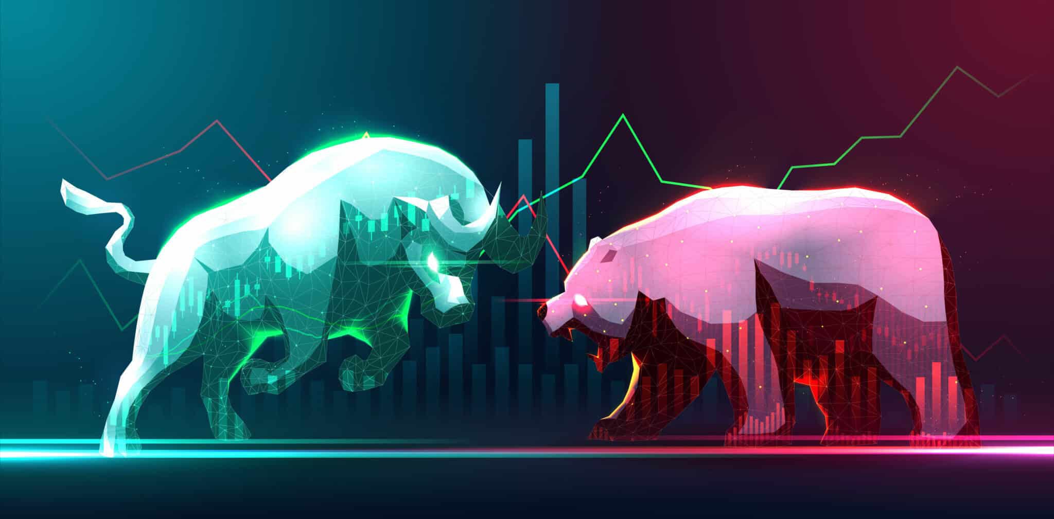 An illustration depicting bear and bull market cycles in crypto.