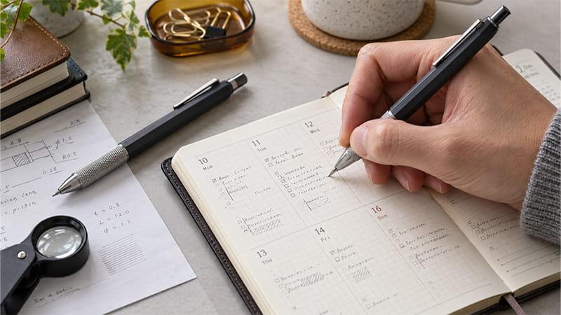 Illustrative close-up of an ultra-fine ballpoint pen writing small notes in narrow planner spaces