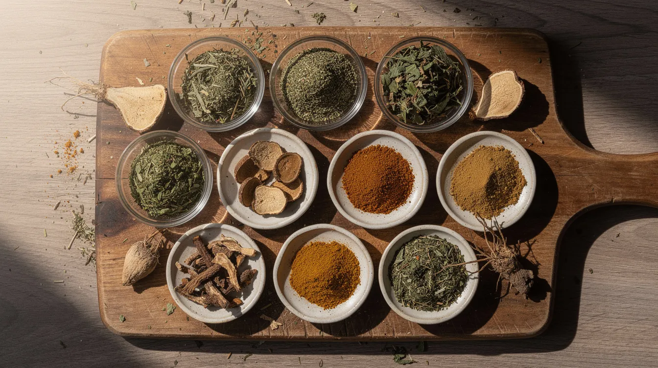 The image features a variety of dried herbs, mushroom extracts, and plant roots artfully arranged on a wooden cutting board, highlighting natural ingredients often used as testosterone boosters. These elements, such as tribulus terrestris and ashwagandha root, are associated with enhancing muscle growth, energy levels, and overall male vitality.