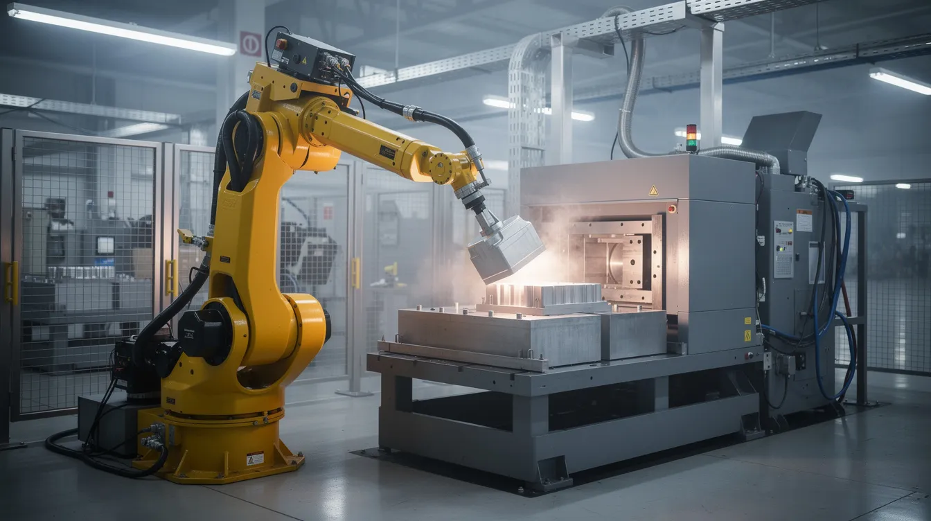 An industrial robotic arm is seen in a modern factory, efficiently picking up a freshly cast aluminum part from a die casting machine, showcasing the advanced technology involved in the aluminum die casting process. The scene highlights the precision and automation in the production processes of aluminum castings.