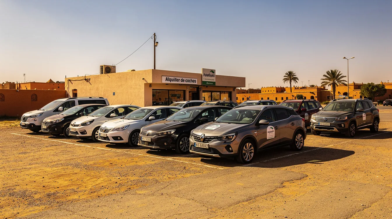 Imagen de varios coches de alquiler de diferentes tamaños aparcados en fila bajo el sol marroquí, listos para ser recogidos por viajeros en Marrakech. Esta flota de vehículos ofrece diversas opciones para explorar las ciudades y paisajes de Marruecos con comodidad y libertad.