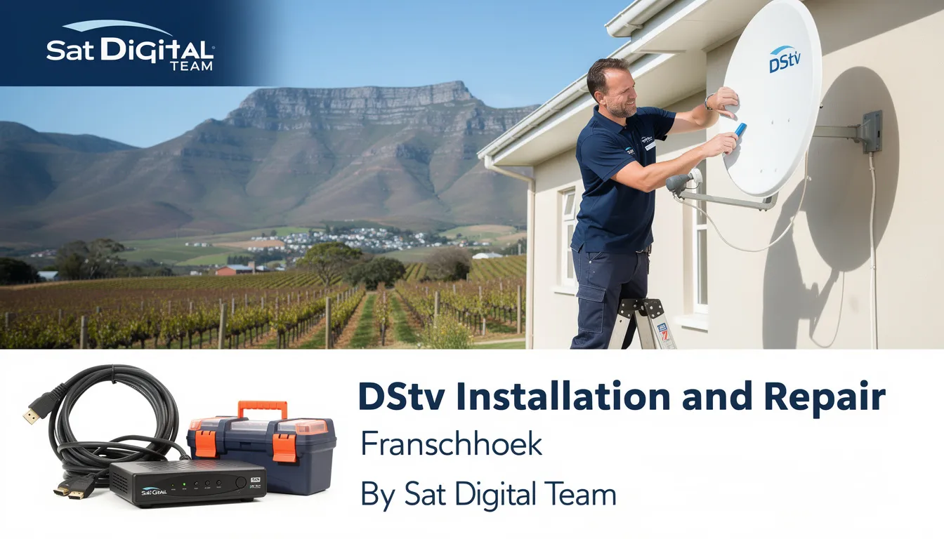 The image depicts the Sat Digital Team providing professional DStv installation and repair services in Franschhoek, showcasing skilled technicians working on a satellite dish and ensuring optimal signal reception for customers. The scene emphasizes their expertise in correcting faulty signals and offering comprehensive services for both residential and commercial properties.