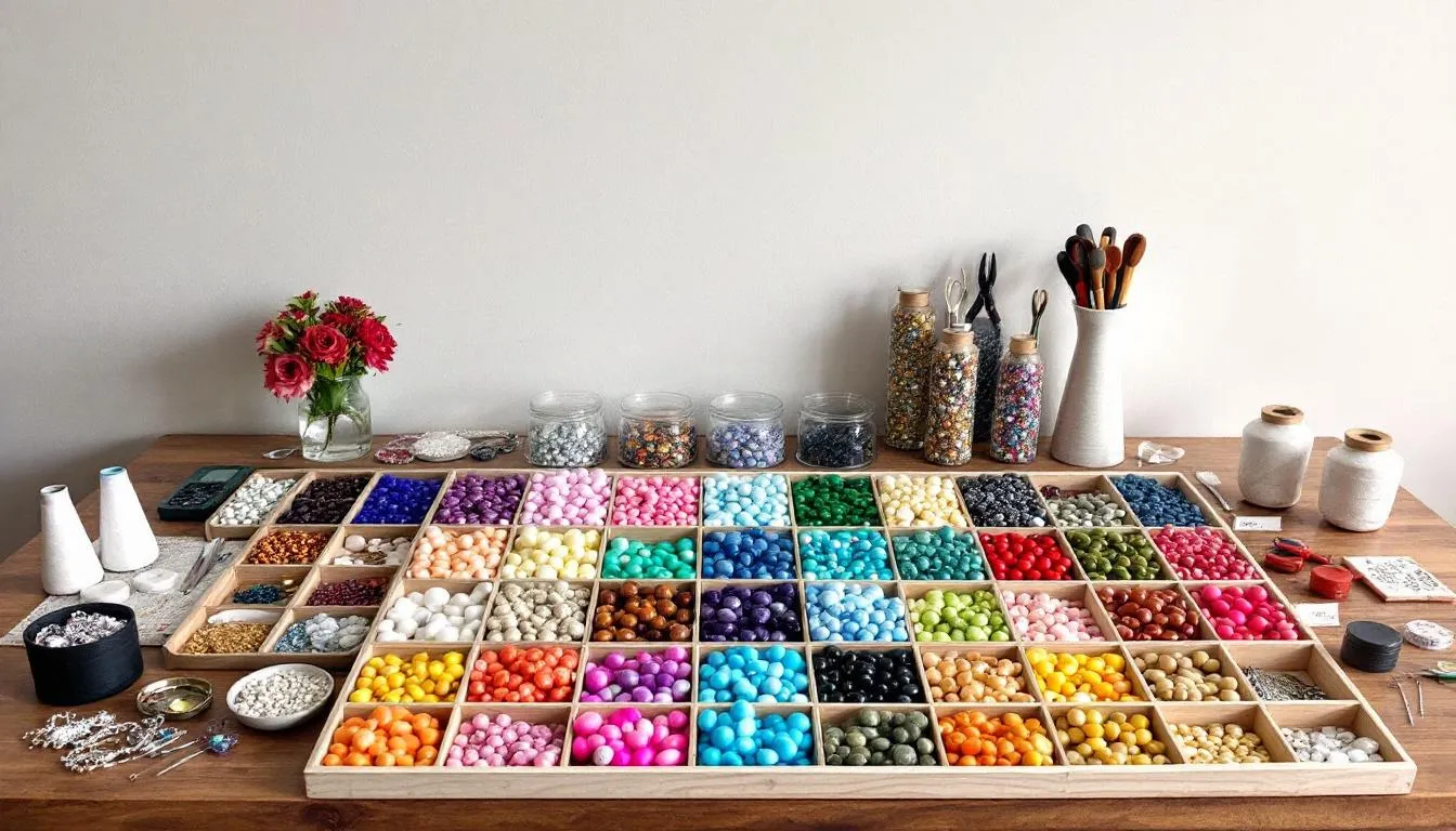 The image showcases a vibrant display of unique collections of jewelry making supplies and gemstone beads at Saras Beads, highlighting the timeless beauty and elegance of various materials. This colorful assortment includes beads for creating earrings, bracelets, and rings, inviting creativity and inspiration for jewelry enthusiasts.