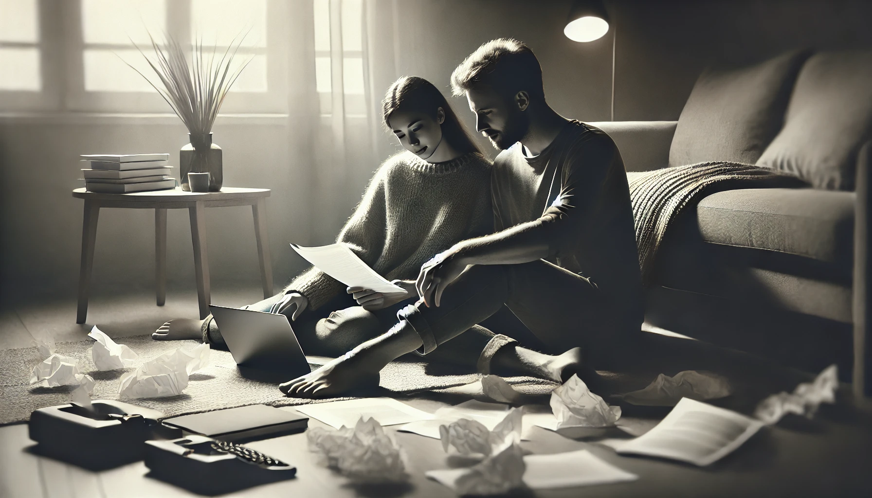 A couple sitting on the floor near a coffee table surrounded by scattered papers