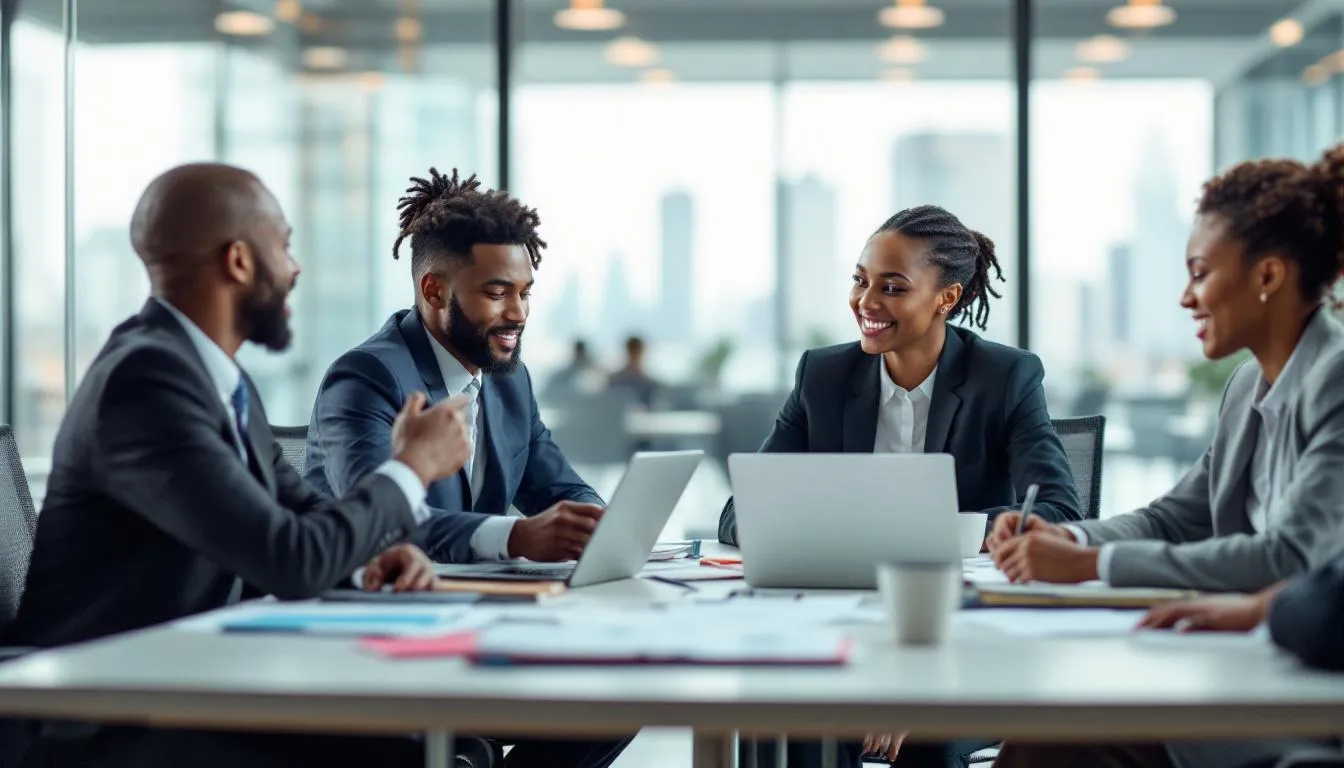 A diverse group of sales professionals is collaborating around a conference table, equipped with laptops and documents, as they engage in discussions about effective sales training strategies and techniques. This scene highlights the importance of teamwork in enhancing sales skills and achieving sales success through well-structured training programs.