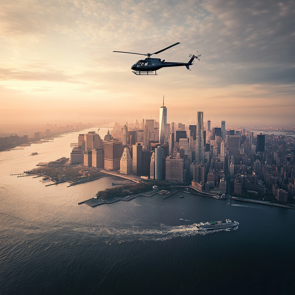 A helicopter flying over Manhattan, providing stunning views of the city.