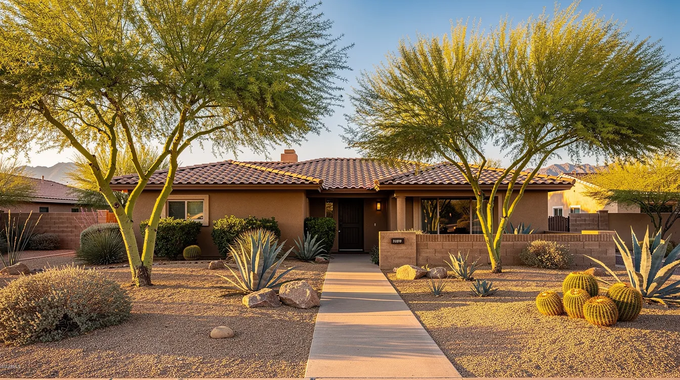 The image depicts a mature desert landscape featuring palo verde trees surrounding an older home in Scottsdale, AZ. This serene setting highlights the beauty of desert flora, which could benefit from regular maintenance to prevent issues like clogged drains and ensure a well-functioning plumbing system.