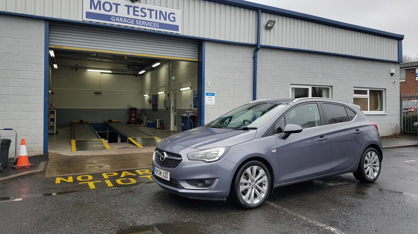 A car is parked outside a UK-style garage inspection bay, ready for its MOT test. The vehicle's number plate is visible, indicating its registration, while the garage is equipped for checking the car's MOT history and ensuring it meets required safety standards.
