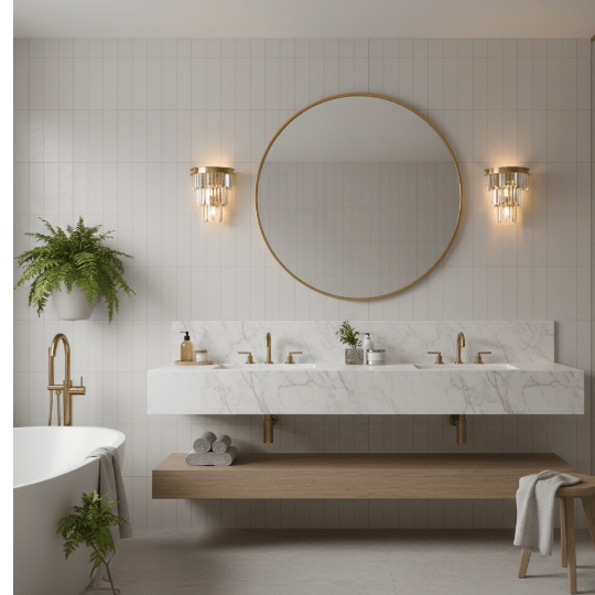 Modern bathroom vanity with crystal wall sconces flanking a round brass mirror, providing elegant ambient lighting.