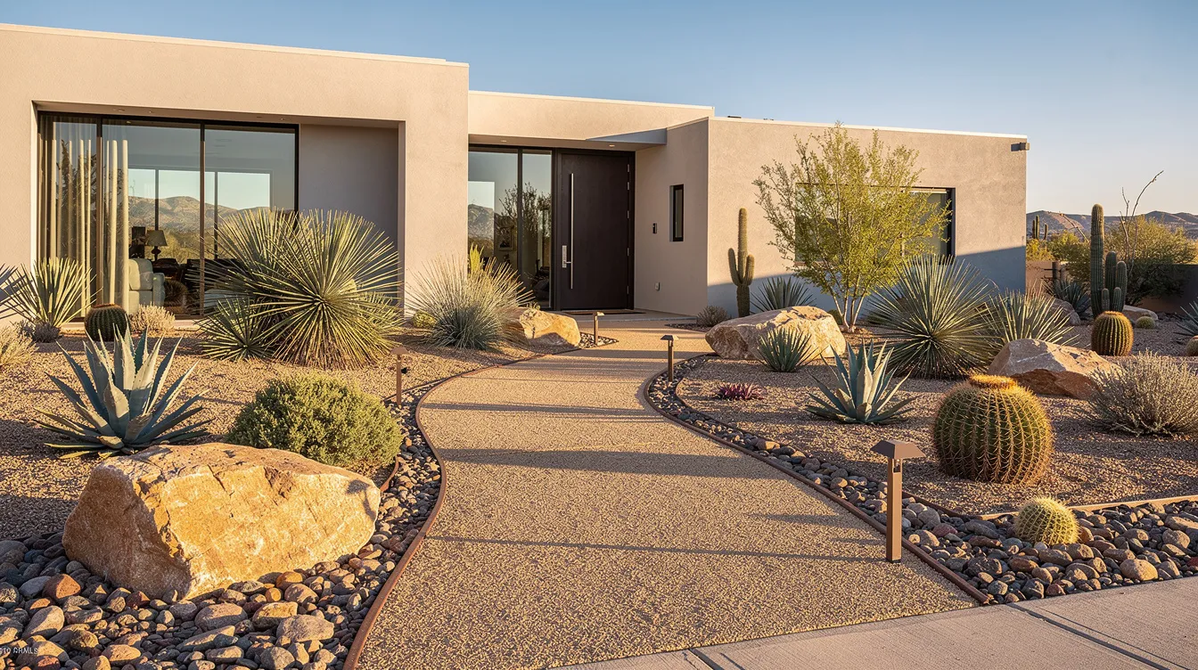 The image depicts a desert residential front yard featuring native plants, decorative boulders, and a gravel pathway that leads to a modern home entrance, showcasing a beautiful landscape designed for low maintenance and outdoor living. This outdoor space exemplifies the craftsmanship and quality of custom landscaping projects, enhancing the curb appeal of the property.