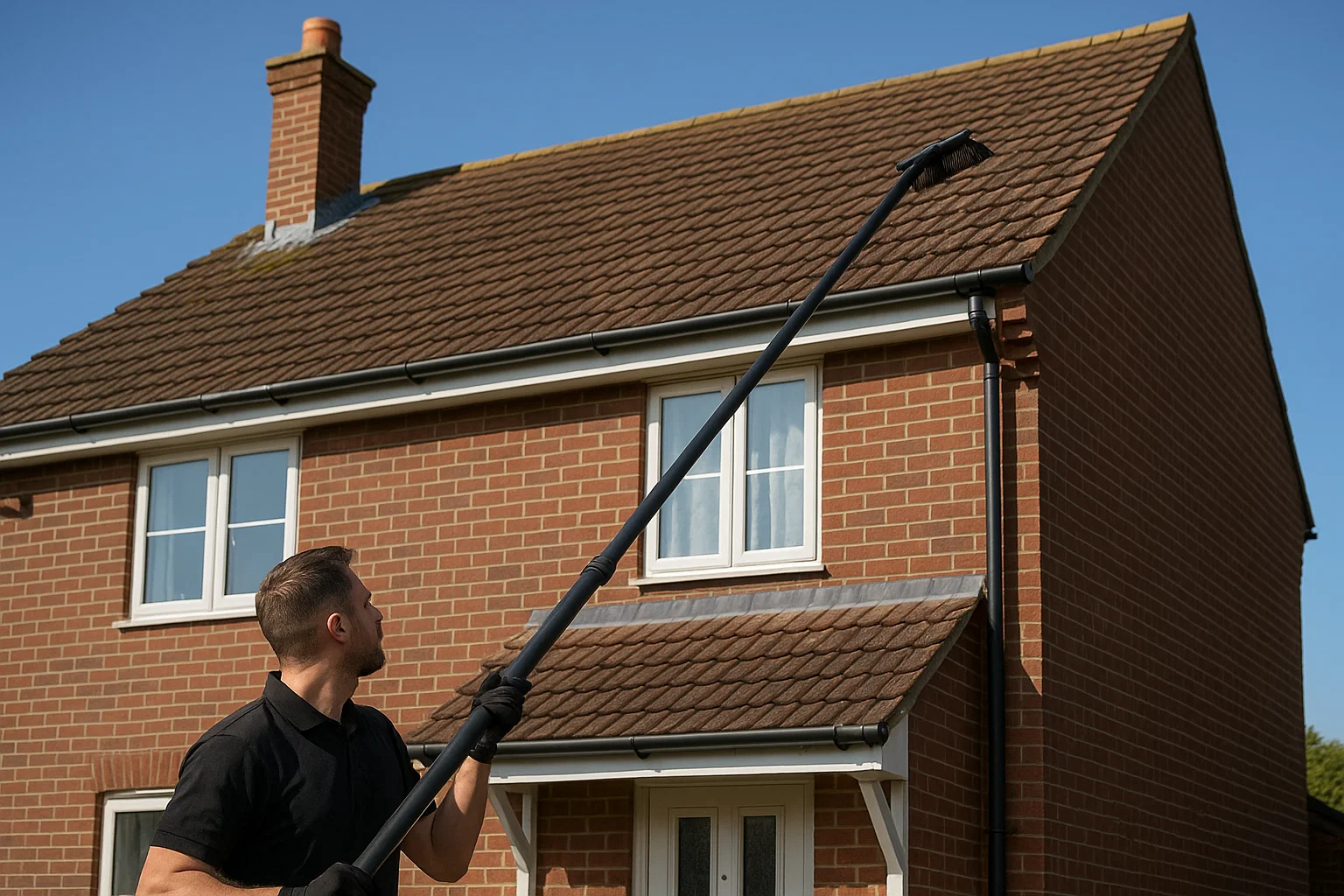 A professional cleaning a UK roof safely with a telescopic pole.