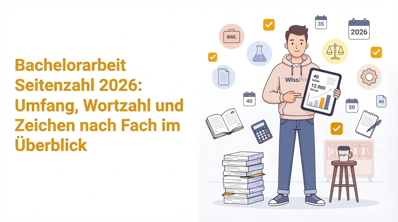 Infografik mit den wichtigsten Kennzahlen zur Bachelorarbeit 2026: durchschnittlich 40 Seiten, 12.000 Wörter, üblicher Umfang zwischen 35 und 60 Seiten je nach Fachbereich
