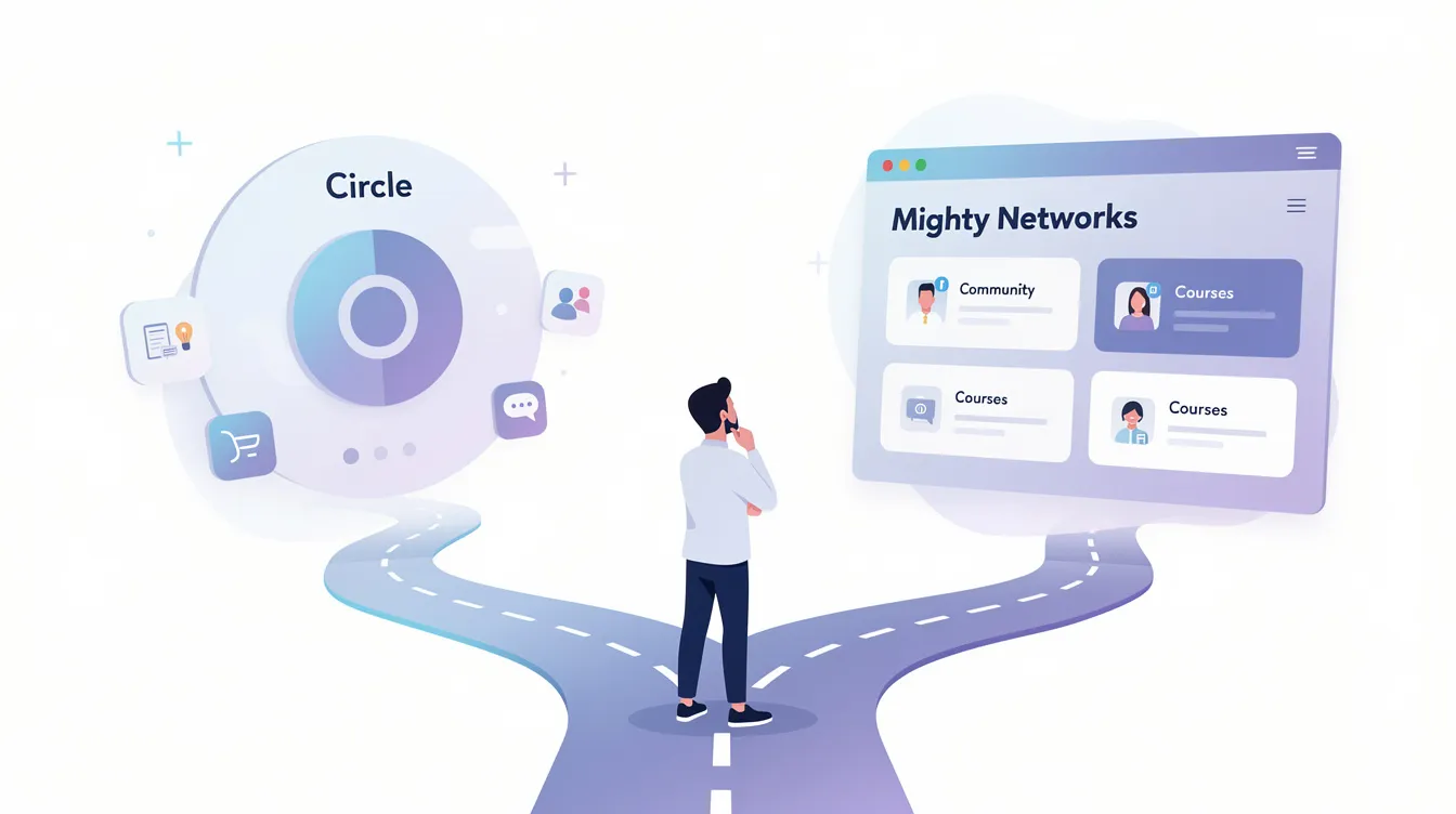 The image depicts a person contemplating the choice between Circle and Mighty Networks for building a community platform. They are weighing the pros and cons of each option, considering features like community engagement tools, course builders, and pricing plans to determine the best fit for their business plan.