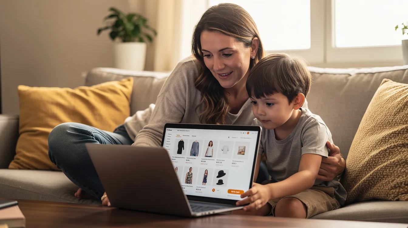 A parent and child are sitting together, focused on a laptop screen as they shop online for school uniforms. They appear to be exploring a variety of styles and sizes, likely looking for the perfect fit for their kids.