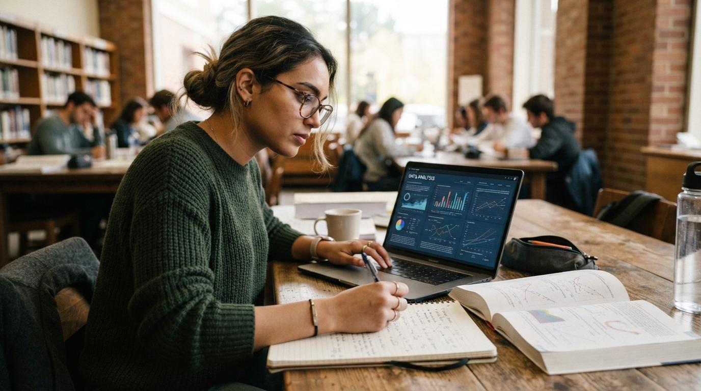 Professional photo of a college student analyzing complex coursework on a laptop while taking handwritten notes, conveying guided learning, critical thinking, and personalized academic support.