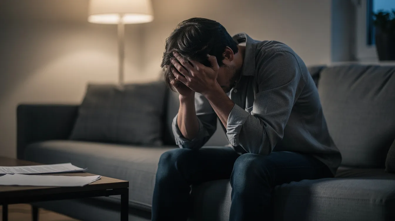 The image depicts a stressed person sitting alone on a couch with their head in their hands, illustrating the emotional turmoil often associated with toxic relationships and the impact on emotional well-being. This scene highlights the importance of recognizing harmful behaviors and seeking support from loved ones to foster personal growth and healing.