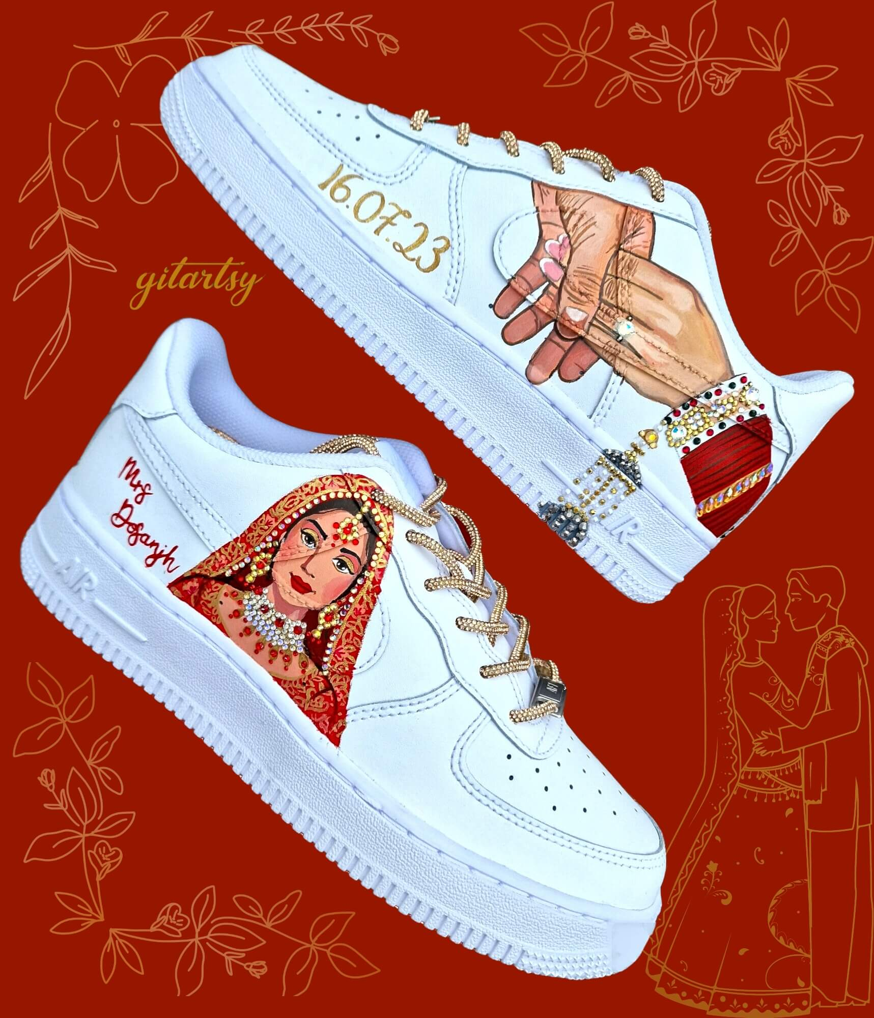 Indian bridal sneakers for wedding day - hand painted by Gitartsy 