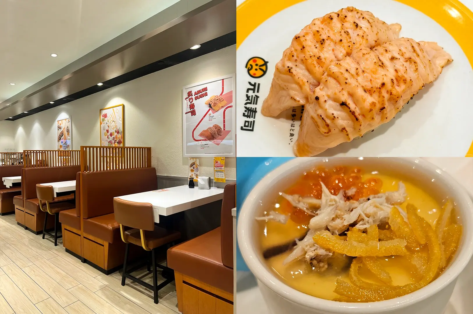 Eye-level wide-angle view. Left: Modern sushi restaurant dining area with brown booth seating, white tables, framed wall artwork, wood-look flooring, and evenly spaced ceiling spotlights creating a clean, bright atmosphere. Upper Right: Close-up view of two pieces of aburi salmon sushi on a white and yellow plate, showing lightly torched salmon with visible sear marks and a glossy surface. Lower Right: Close-up view of chawanmushi served in a white bowl, topped with shredded seafood, orange salmon roe, and thin yellow citrus peel strips, with a smooth custard texture highlighted by soft lighting.
