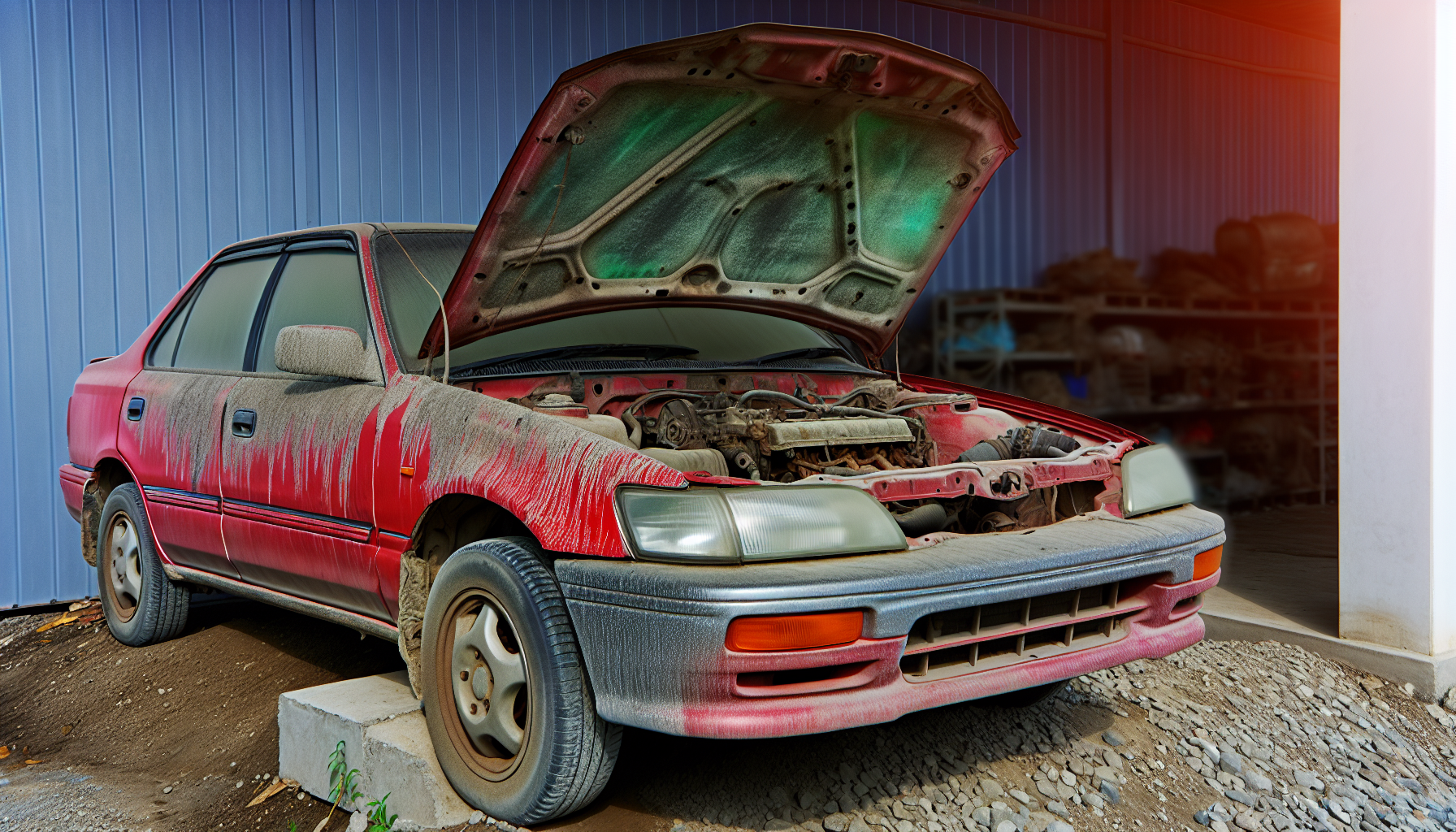 A vehicle with neglected maintenance and worn-out parts