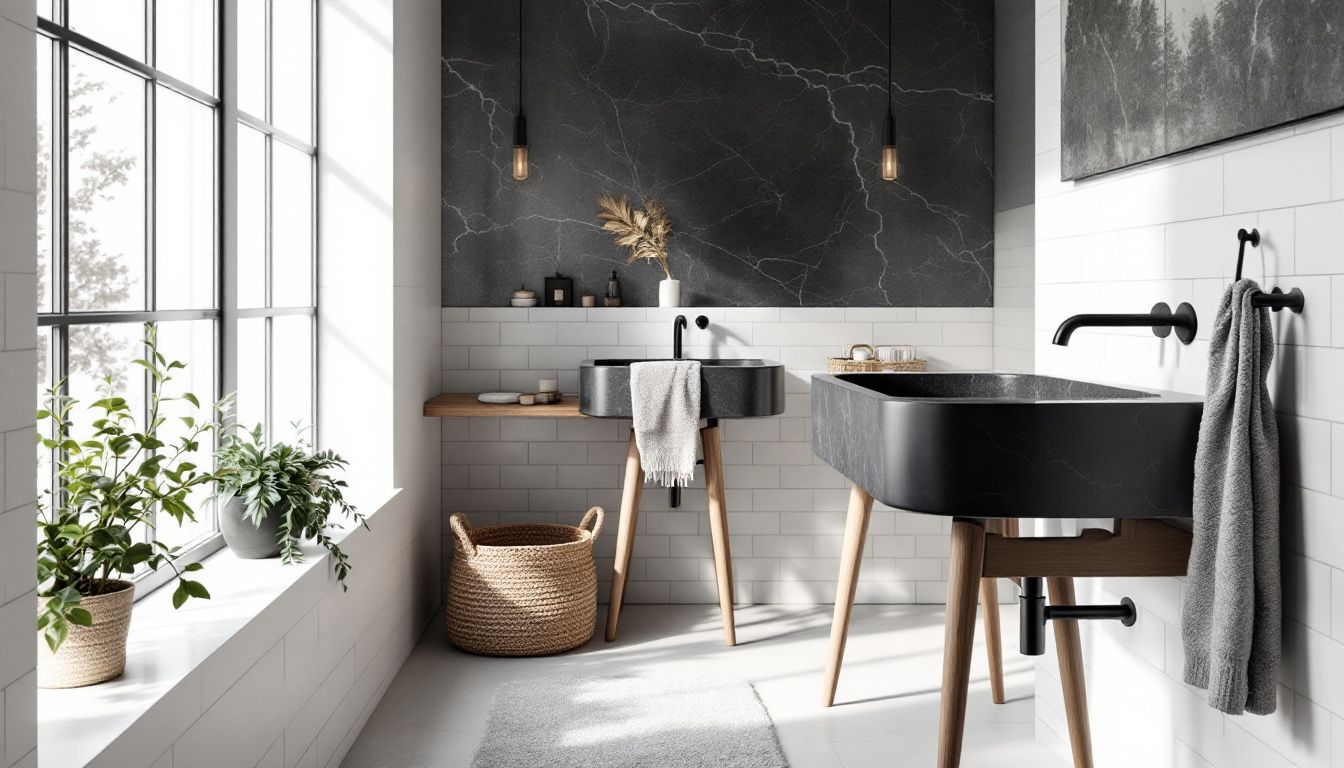 A stylish bathroom featuring bespoke sinks that enhance aesthetics.