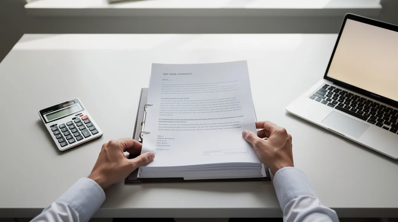 783bb75b 5759 44c6 83bf 30241d473850 A person is organizing various documents neatly in a folder while seated at a desk, with a calculator and laptop positioned nearby, suggesting they are preparing for a loan process or financial planning related to small business or micro enterprises. The scene reflects an atmosphere of diligence and focus, essential for managing financial assistance and ensuring a satisfactory credit track record.