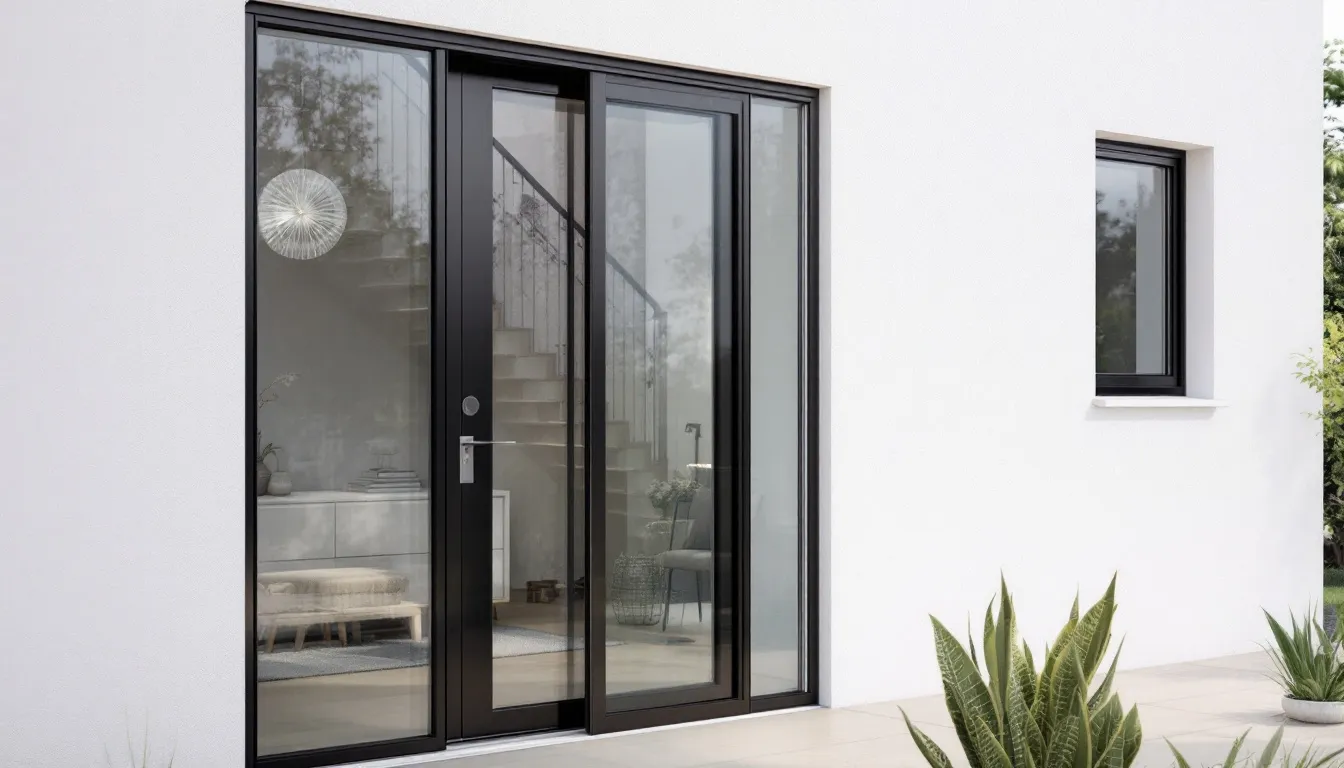 De afbeelding toont een moderne aluminium voordeur met glazen panelen, geplaatst in een eigentijdse woning. De deur heeft een strakke uitstraling en is ontworpen met hoogwaardige materialen, wat bijdraagt aan de luxe uitstraling van de entree.