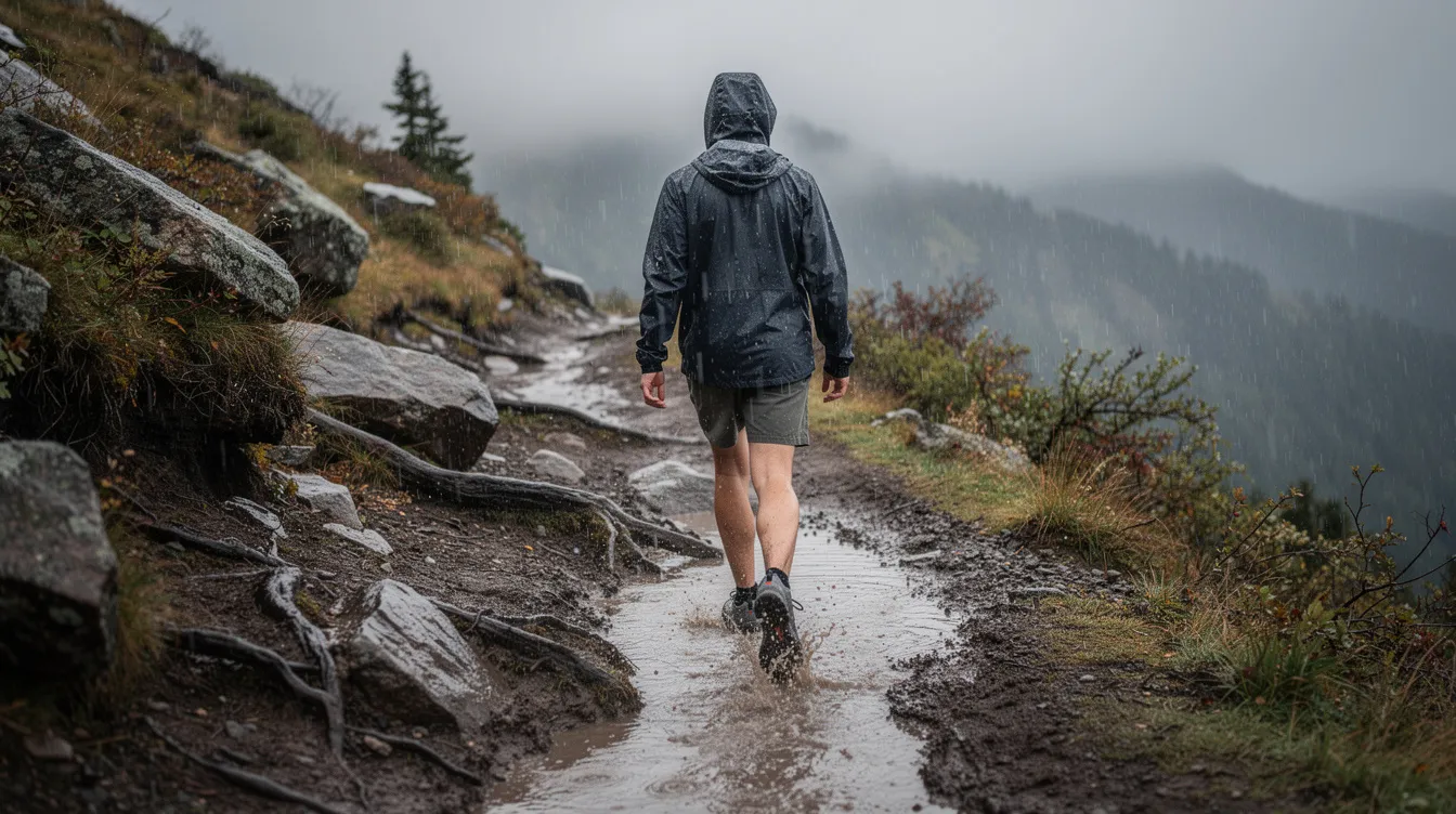 A person is hiking on a muddy mountain trail in the rain, wearing low-cut waterproof hiking shoes that keep their feet dry. The scene captures the challenging wet conditions and the rugged terrain, highlighting the durability and performance of the best waterproof hiking shoes.