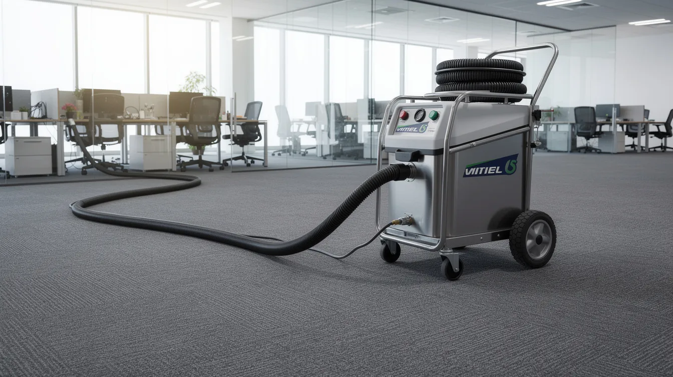 The image features a commercial carpet cleaning machine with hoses, positioned on a large open office floor, showcasing the equipment used for professional carpet cleaning services. This advanced cleaning equipment is essential for maintaining well-maintained carpets and improving indoor air quality in high traffic areas.