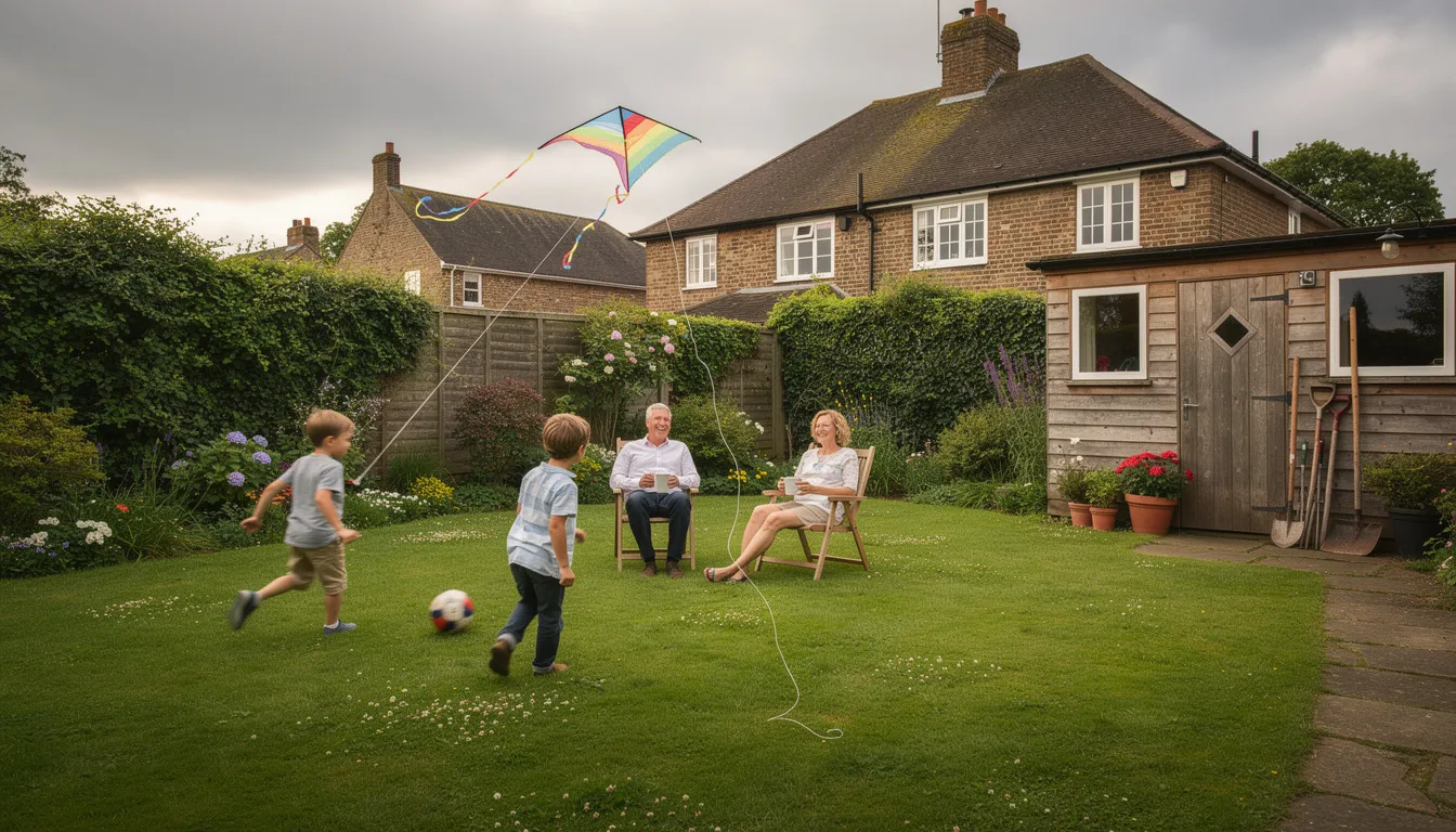 A family is enjoying time together on a lush green lawn in a UK garden, surrounded by vibrant plants and flowers. The scene captures the essence of perfect lawn care, showcasing the benefits of lawn feed and fertilisers for maintaining healthy grass during early spring.