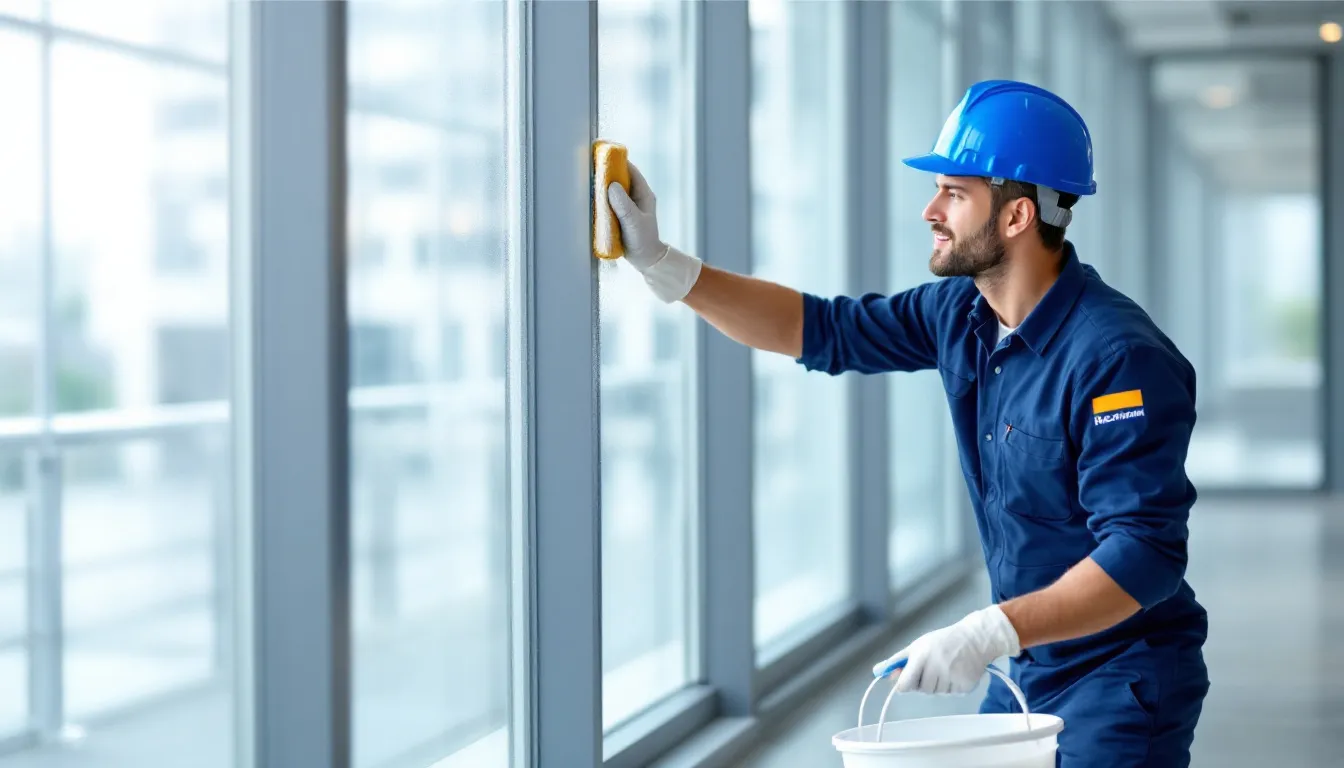 Een onderhoudsmedewerker is bezig met het schoonmaken van aluminium kozijnen, waarbij de leigrijze en muisgrijze tinten opvallen. De moderne uitstraling van de kozijnen zorgt voor een stijlvolle afwerking aan de buitenkant van het gebouw.