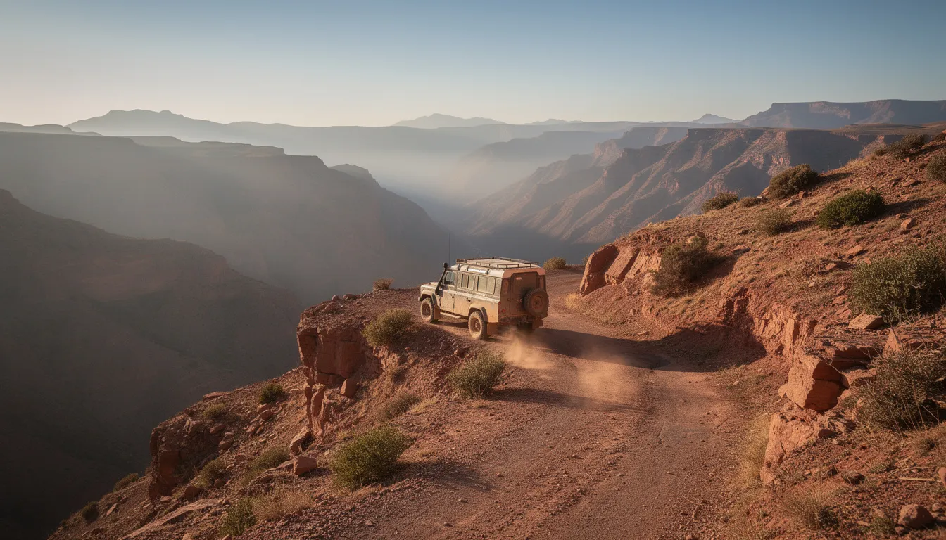 A four-wheel drive vehicle navigates a winding mountain road in the stunning Atlas Mountains of Morocco, surrounded by breathtaking landscapes and snow-capped peaks. This scene captures the essence of adventure and exploration, perfect for those looking to embark on unforgettable Morocco tours.