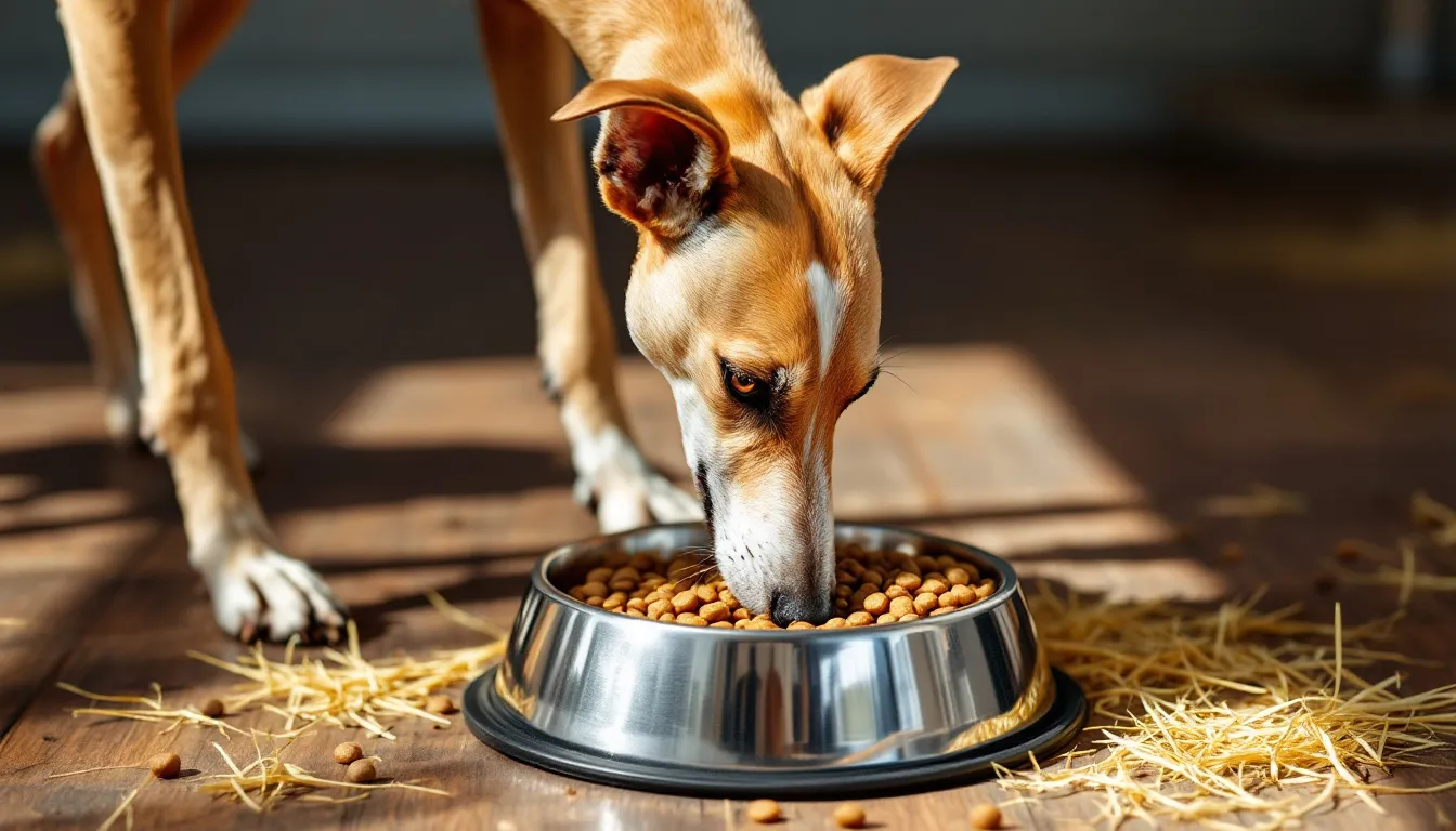 A Saluki dog with a smooth coat is happily eating high-quality dog food from a bowl, showcasing its gentle and calm demeanor. This ancient breed, known for its slender build and loving nature, enjoys a nutritious diet essential for its health and well-being.