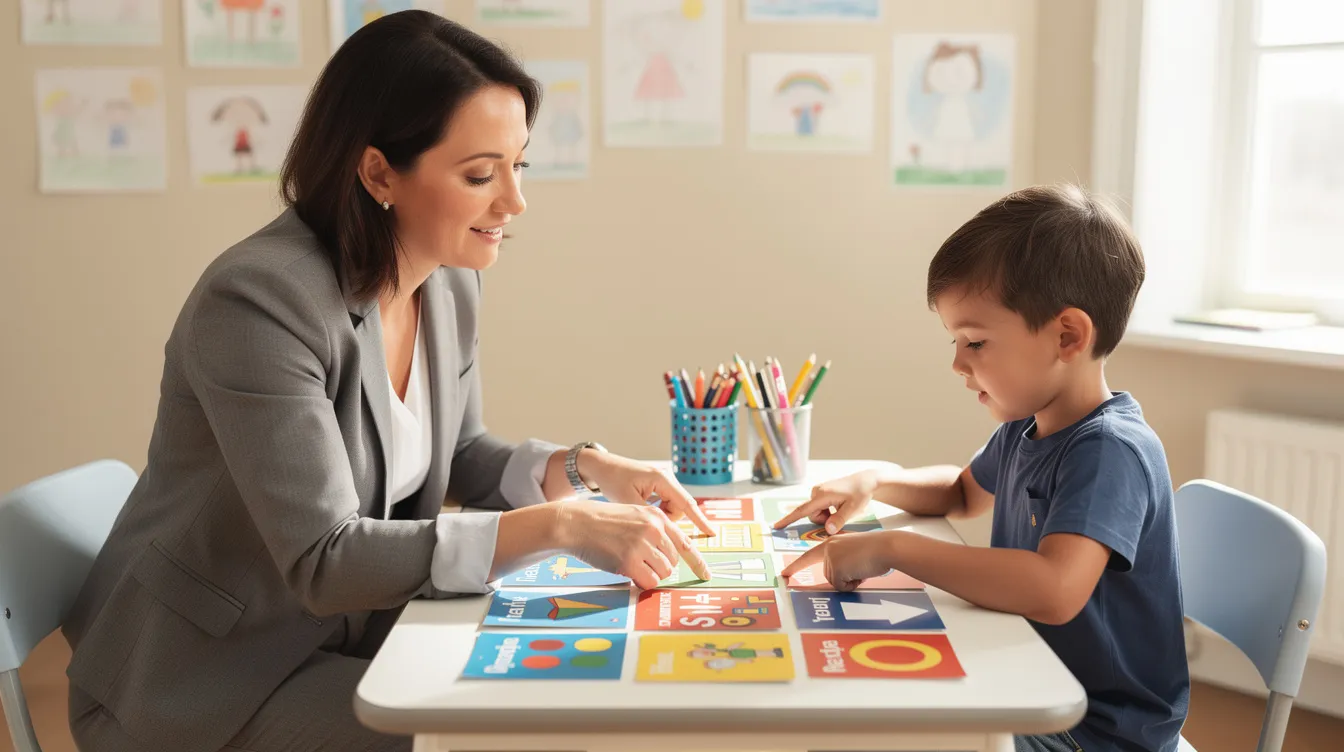 A behavior interventionist is working with a young child at a desk, utilizing colorful visual learning cards to support the child's development and address behavioral challenges. This engaging setting highlights the importance of positive reinforcement and applied behavior analysis in fostering productive behaviors in children.