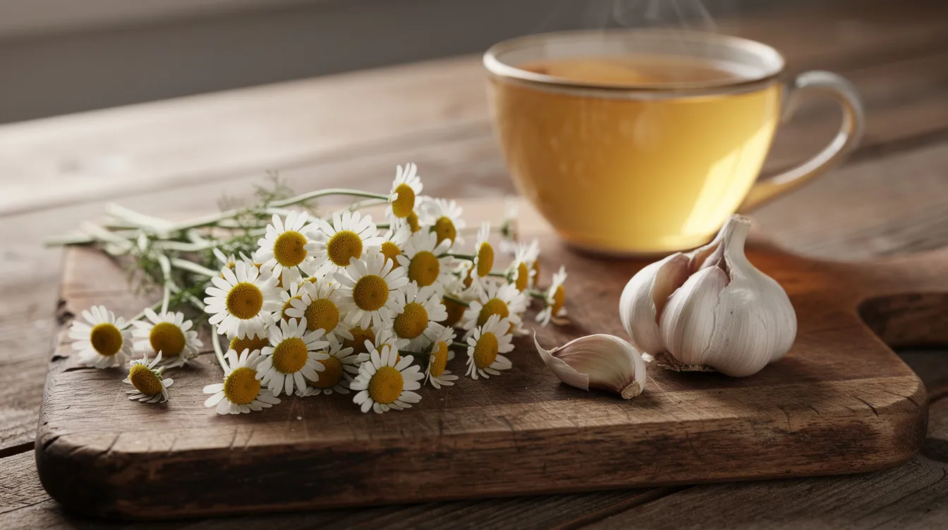 Auf einem Holzbrett liegen frische Kamillenblüten und Knoblauchzehen neben einer Teetasse mit goldgelbem Kräutertee, der als Hausmittel gegen Ohrenschmerzen und Mittelohrentzündungen verwendet werden kann. Die Kombination aus Kamille und Knoblauch ist bekannt für ihre lindernden Eigenschaften bei Entzündungen und Beschwerden im Ohr.