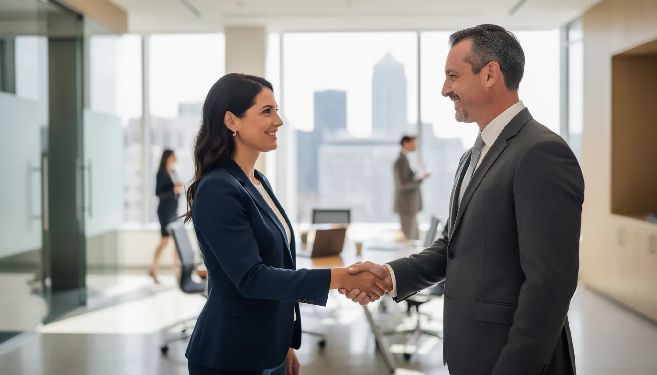 In a professional office setting, two business people engage in a firm handshake, symbolizing a successful partnership or agreement. This image reflects the importance of legal counsel and collaboration in navigating complex legal issues, particularly for small businesses seeking assistance with regulatory compliance and lending transactions.