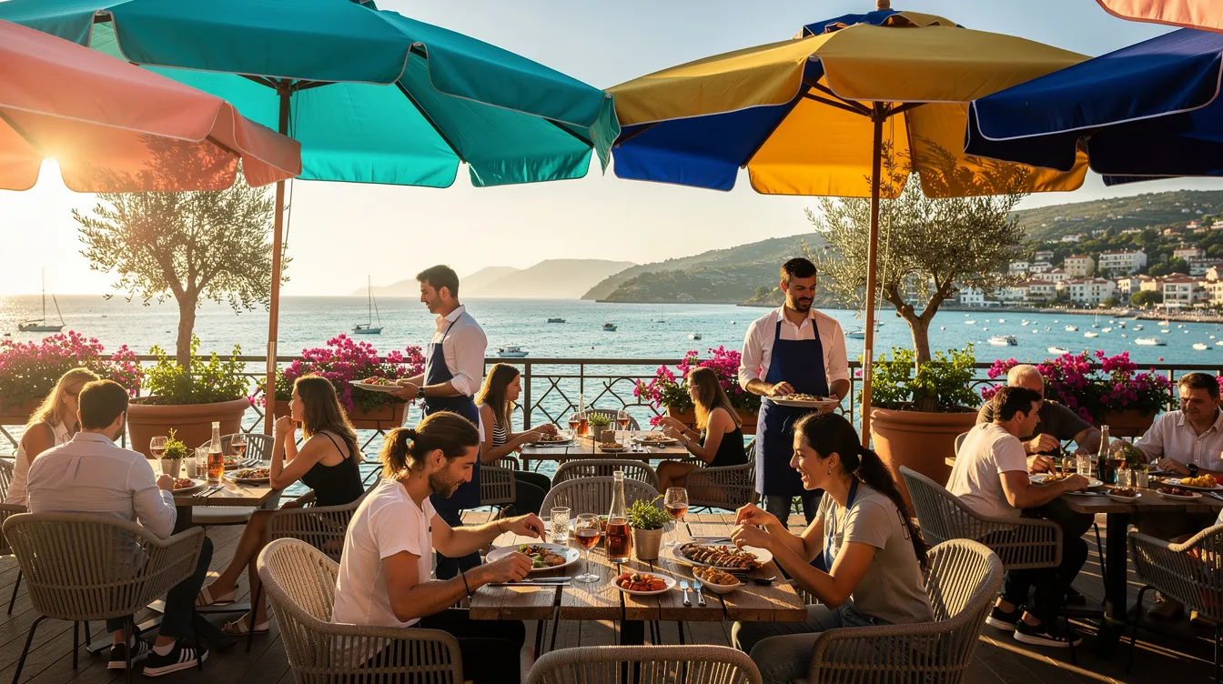 The image depicts a lively outdoor restaurant terrace in a Turkish coastal resort town, adorned with colorful umbrellas and offering stunning sea views, where tourists enjoy their meals. The scene captures the vibrant atmosphere typical of popular tourist destinations in Turkey, where many merchants accept euros, but using the official currency, the Turkish lira, may provide better exchange rates.