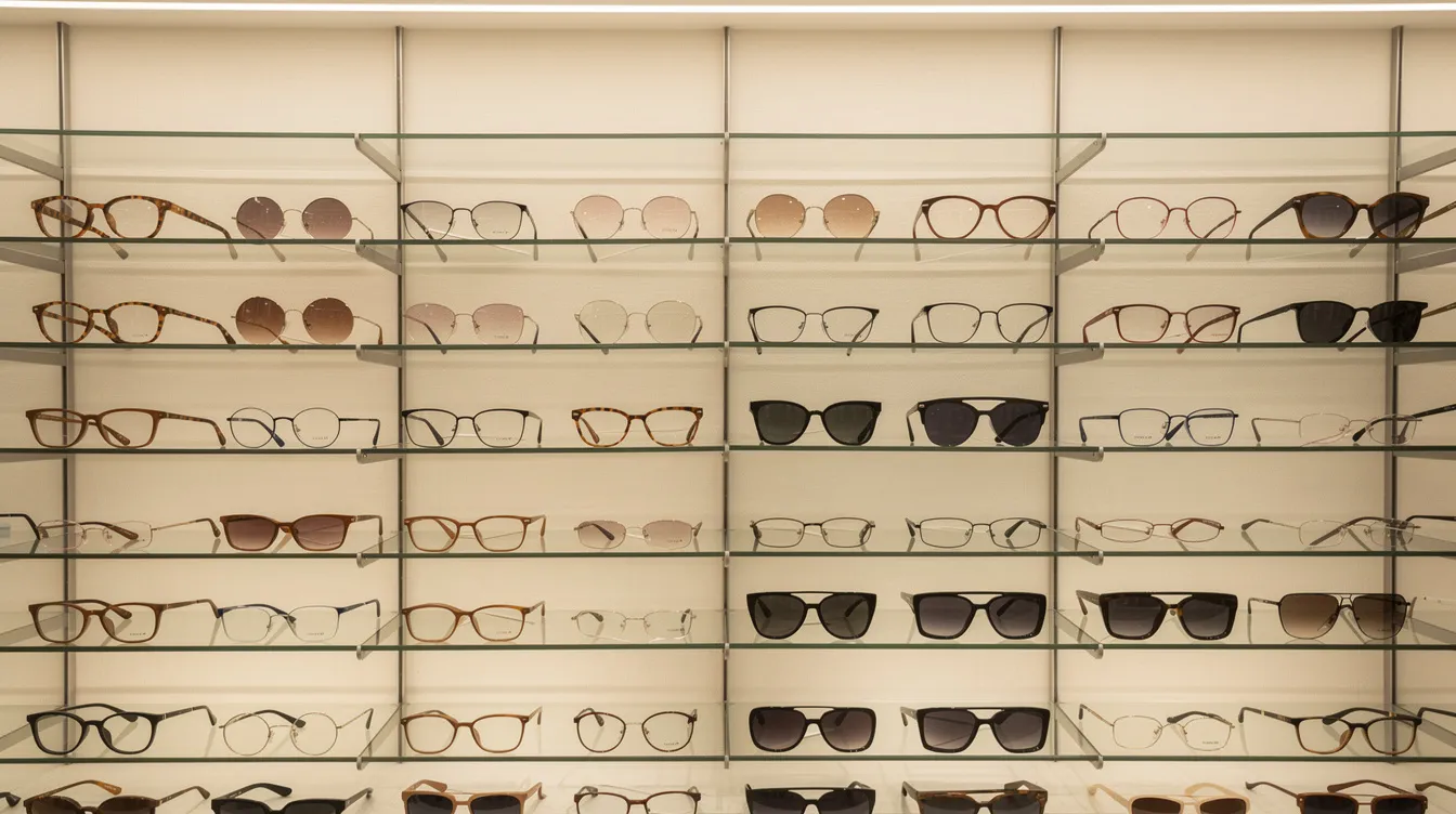 A imagem mostra uma prateleira de ótica com uma variedade de modelos de óculos em tons neutros, caramelo e preto, organizados por estilo. Os óculos incluem opções de grau e de sol, destacando marcas como Ray-Ban e Victor Hugo, evidenciando a sofisticação e a qualidade dos acessórios.