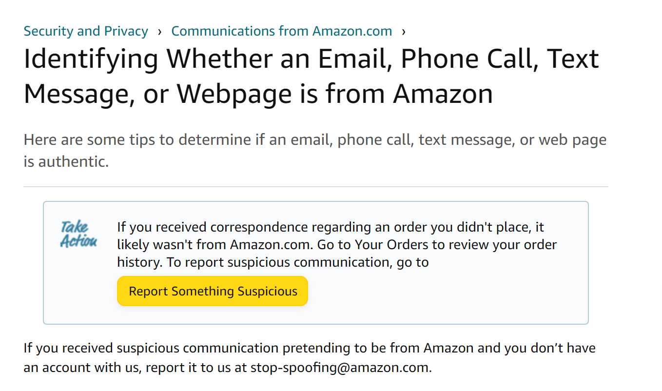Identifying whether an email, phone call, text message, or webpage is from Amazon