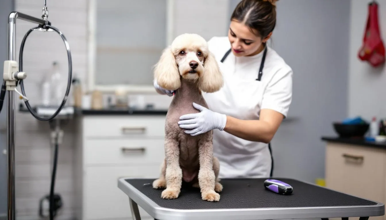 A professional groomer carefully trims the curly coat of a Standard Poodle, emphasizing the dog