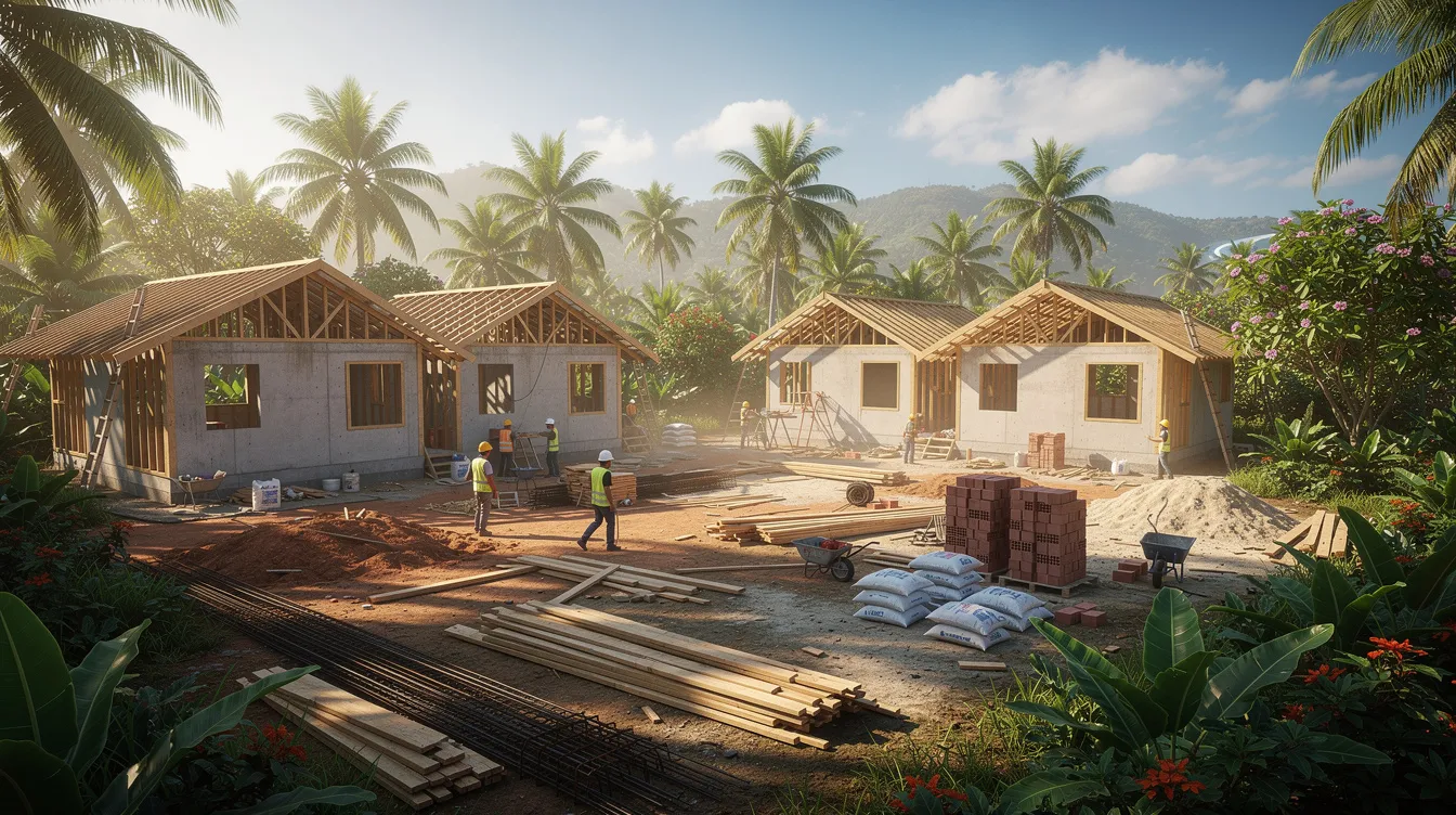 The image depicts a resort construction site featuring partially built cottages nestled among lush tropical vegetation, highlighting the early stages of a proposed development project. This setting may serve as a backdrop for a feasibility study, assessing the project's financial viability and potential market conditions in the hospitality industry.