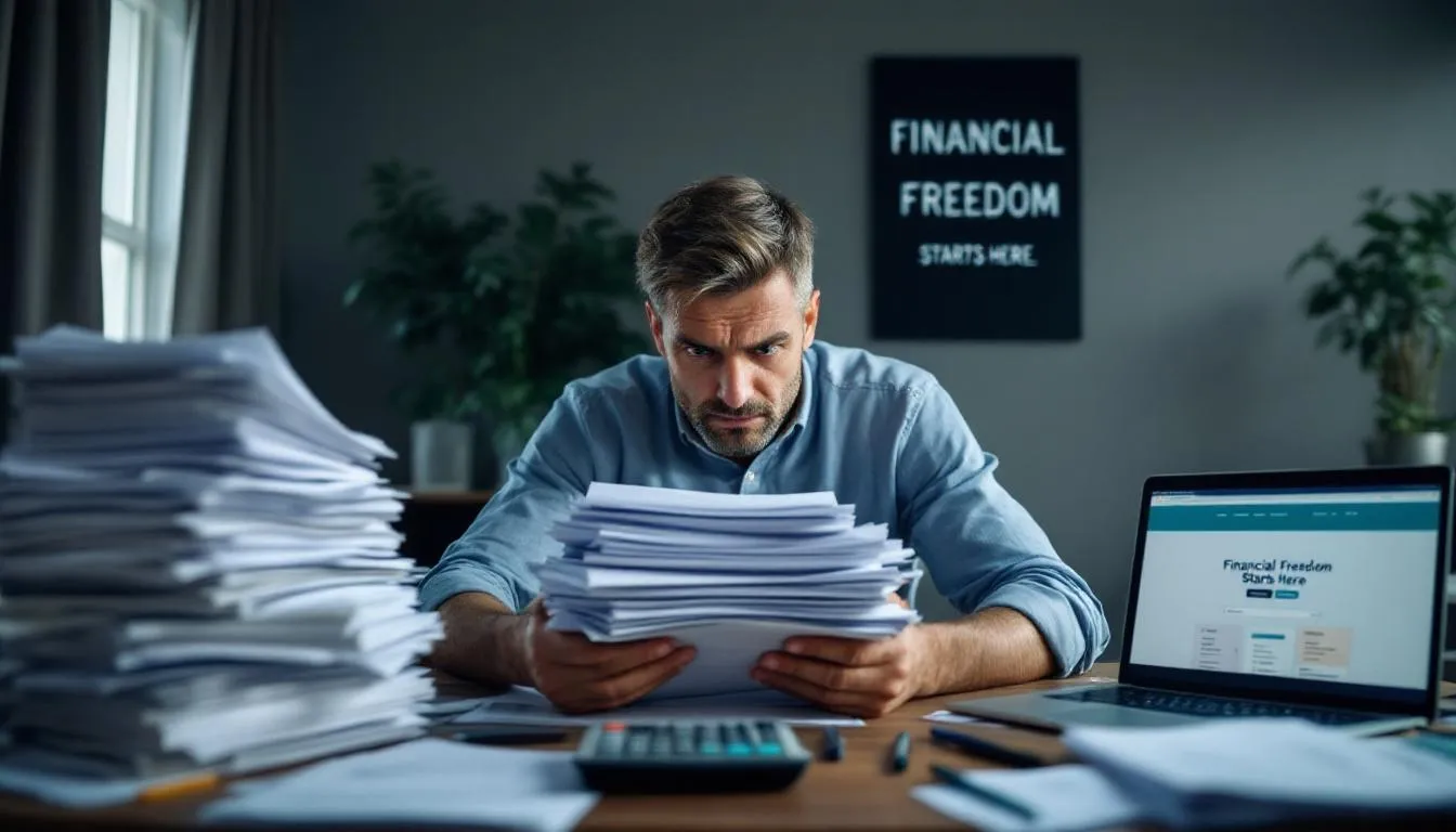 An individual looking at a pile of tax documents, feeling overwhelmed by their tax debt.