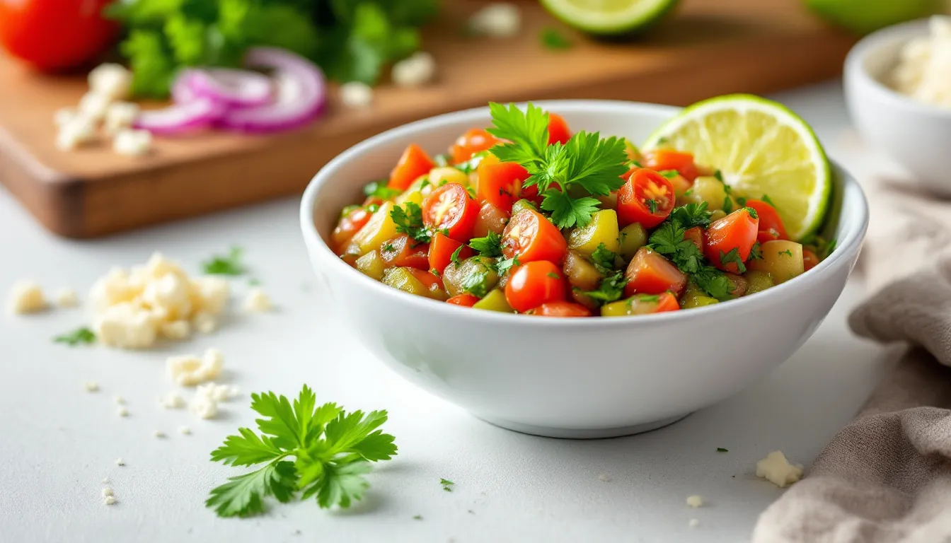 A fresh salsa verde made with tomatoes and herbs, showcasing healthy pizza sauce alternatives.