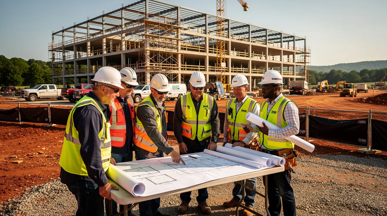 A group of construction supervisors and workers are gathered on a commercial building site in East Tennessee, intently reviewing project plans to ensure safety and compliance. They are discussing resource allocation and project timelines, reflecting the collaborative effort required in the construction industry to manage current projects and address any potential delays.