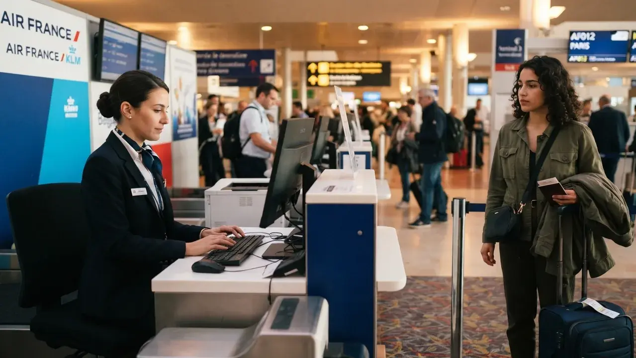 Traveler presenting onward-ticket evidence at an airline counter