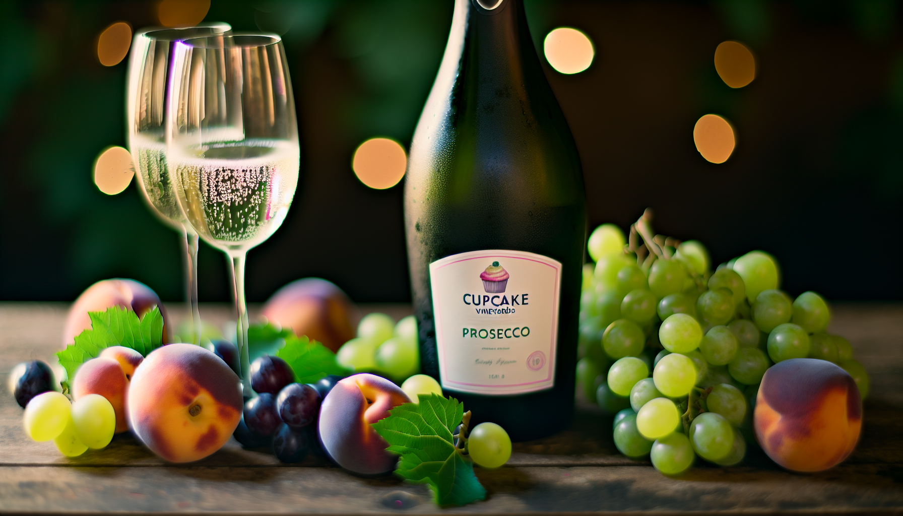 A bottle of Cupcake Vineyards Prosecco surrounded by grapes, white peach, and refreshing bubbly