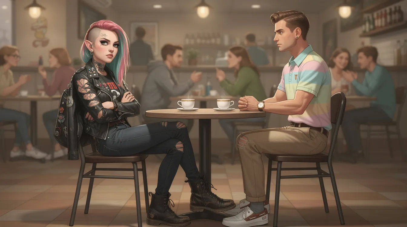 The image depicts a punk rock girl and a preppy man sitting across from each other at a café, illustrating their contrasting lifestyles and values. Their body language suggests a discussion about their fundamental incompatibility in a relationship, highlighting the importance of communication styles and shared goals in determining their relationship's future.